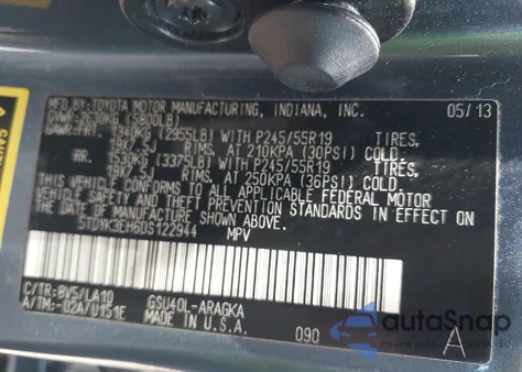 2013 Toyota Highlander Limited V6 из США, поврежденный, VIN 5TDYK3EH6DS122944